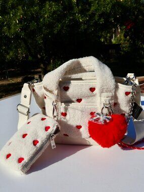 NWT Madden Girl Red Heart Sherpa Mini Tote Bag with Charms